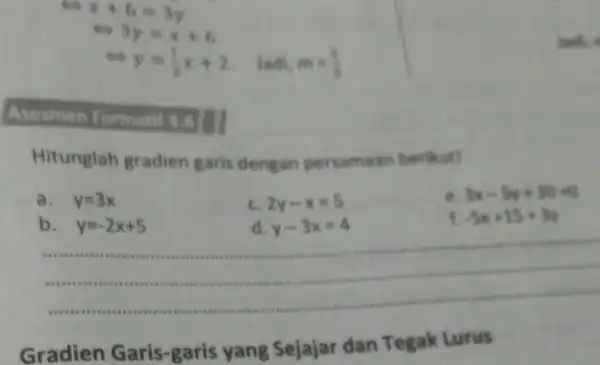 x+6=3y 3y=x+6 Jadi, m=(1)/(3) Asesmen Formatif as Hitunglah gradien garis dengan persamaan b erikut! a. y=3x c 2y-x=5 e. 3x-5y+30=0 b. y=-2x+5 d y-3x=4