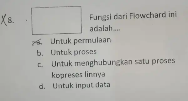 X_(8) square Fungsi dari Flowchard ini adalah __ Untuk permulaan b. Untuk proses c. Untuk menghubungkan satu proses kopreses linnya d. Untuk input data