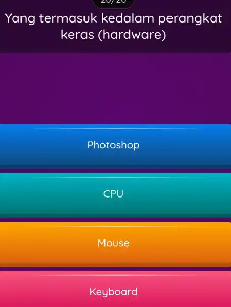 Yang termasu k kedalam perangkat keras (hardware) Photoshop CPU Mouse Keyboard