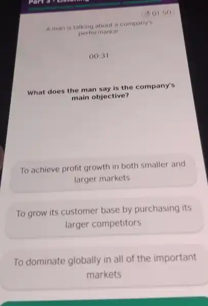 01:50 A man is talking about a company's performance. 00:31 What does the man say is the company's main objective? To achieve profit growth