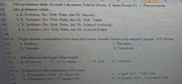 0219. Teks proklamasi ditulis di rumah Laksamana Tadashi Maeda, JI. Imam Bonjol No. 1. Para penyusun teks proklamasi adalah __ a. Ir. Soekamo, Drs