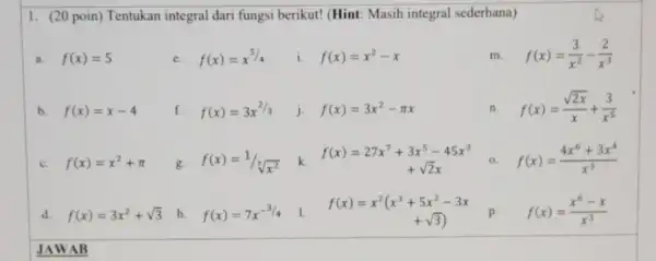 1. (20 poin) Tentukan integral dari fungsi berikut! (Hint: Masih integral sederhana) a. f(x)=5 e. f(x)=x^5/4 i. f(x)=x^2-x m. f(x)=(3)/(x^2)-(2)/(x^3) b. f(x)=x-4 f. f(x)=3x^2/3