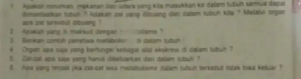 1. Apakah minuman makanan dan udara yang kita masukkan ke dalam tubuh semua dapat dimanfaatkan tubuh?Adakah zat yang dibuang dari dalam tubuh kita? Melalui