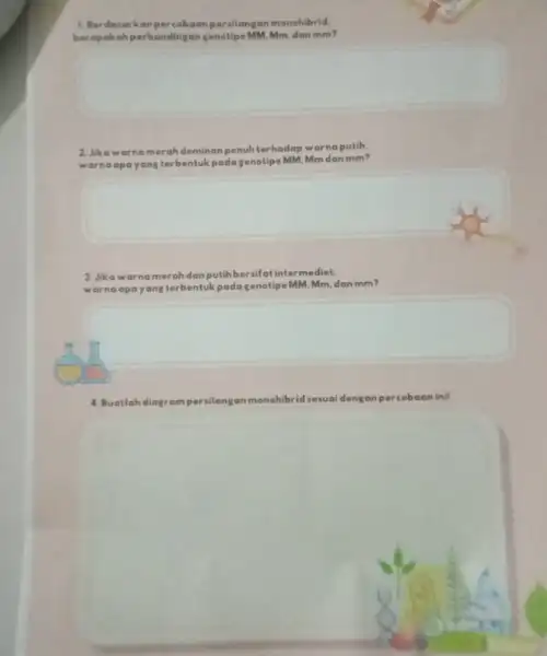 1. Berdasarkan percobaan persilangan manohibrid. berapakah perbanding an genotipe MM.Mm. dan mm? 2. Jikawarnamerah dominanpenuh terhadap warne putih. warno opayang terbentuk pada genatipe MM