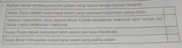 1. Berikan tanda centang pada pernyataan yang sesuai dengan bacaan tersebut! Kelas Topan adalah kelas kapal selam yang mencapai kedalaman paling dalam. square square