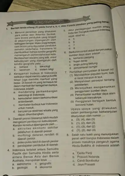 1. Berilah tanda silang (X)pada huruf a, b c, atau d pada Jawaban yang paling benar assosmensimatifi 1. Menurut penelitian yang dilakukan para pakar