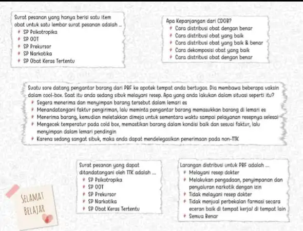 1 Cara distribusi obat dengan benar Surat pesanan yang hanya berisi satu item obat untuk satu lembar surat pesanan adalah ... SP Psikotropika spoot