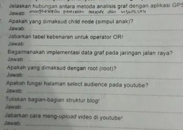 1. Jelaskan hubungan antara metoda analisis graf dengan aplikasi GPS Jawab __ visuons as visuonsasl Apakah yang dimaksud child node (simpul anak)? Jawab: __