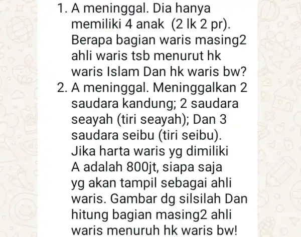 1. A meninggal.Dia hanya memiliki 4 anak (2 Ik 2 pr). Berapa bagian waris masing2 ahli waris tsb menurut hk waris Islam Dan hk