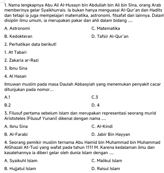 1. Nama lengkapnya Abu Ali Al-Husayn bin Abdullah bin Ali bin Sina, orang Arab memberinya gelar Syaikhurrais. la bukan hanya menguasai Al -Qur'an dan