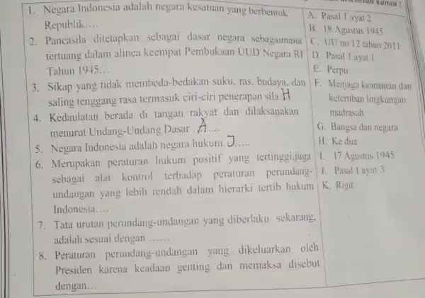 1. Negara Indonesia adalah negara kesatuan yang berbentuk Republik __ 2. Pancasila ditetapkan sebagai dasar negara sebagaimana tertuang dalam alinea keempat Pembukaan UUD Negara