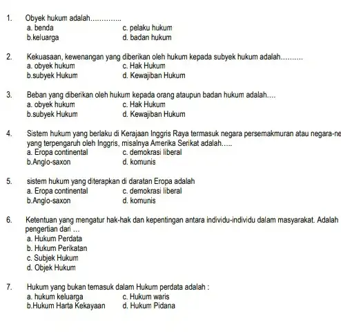 1. Obyek hukum adalah a. benda c. pelaku hukum b.keluarga d. badan hukum 2. Kekuasaan, kewenangan yang diberikan oleh hukum kepada subyek hukum adalah.