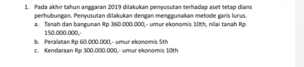 1. Pada akhir tahun anggaran 2019 dilakukan penyusutan terhadap aset tetap dians perhubungan. Penyusutan dilakukan dengan menggunakan metode garis lurus. a. Tanah dan bangunan