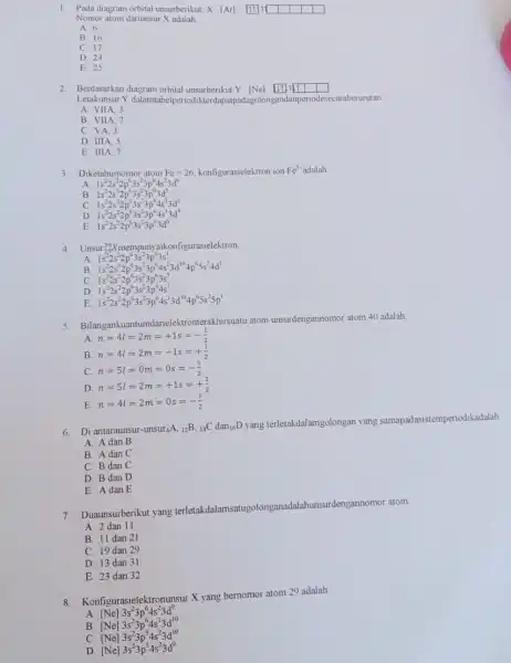 1. Pada diagram orbital unsurberikut X:[Ar] [11]1square square Nomor atom dariunsur X adalah __ A 6 B. 16 C. 17 D. 24 E. 25