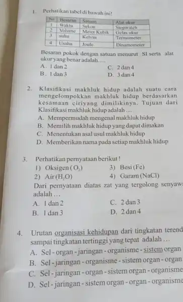 1. Perhatikan tabel di bawah ini! Besaran pokok dengan satuan menurut SI serta alat ukur yang benar adalah __ A. 1 dan 2 C.