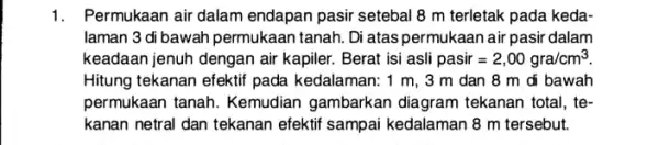 1. Permukaan air dalam endapan pasir setebal 8 m terletak pada keda- laman 3 di bawah permukaan tanah. Di atas permukaan air pasir dalam