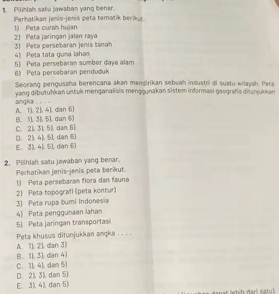 1. Pilihlah satu jawaban yang benar. Perhatikan jenis-jenis peta tematik berikut. 1) Peta curah hujan 2) Peta jaringan jalan raya 3) Peta persebaran jenis