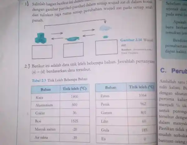 1) Salinlah bagan berikut ini dalam but... dengan gambar partikel partikel dalam setiap wujud zat di dalam kotak dan tuliskan juga nama setiap perubahan