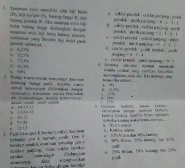 1. Tanaman ercis memiliki sifat biji bulat (B), biji keriput (b)batang tinggi dan batang pendek Jika tanaman ercis biji bulat batang tinggi disilangkan dengan