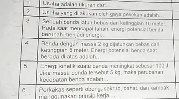 1 Usaha adalah ukuran dari.. square 2 Usaha yang dilakukan oleh gaya gesekan adalah... square 3 Sebuah benda jatuh bebas dari ketinggian 10 meter.