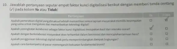 10. Jawablah pertanyaan seputar empat faktor kunci digitalisasi berikut dengan memberi tanda centang (v) pada kolom Ya atau Tidak! square square square square square