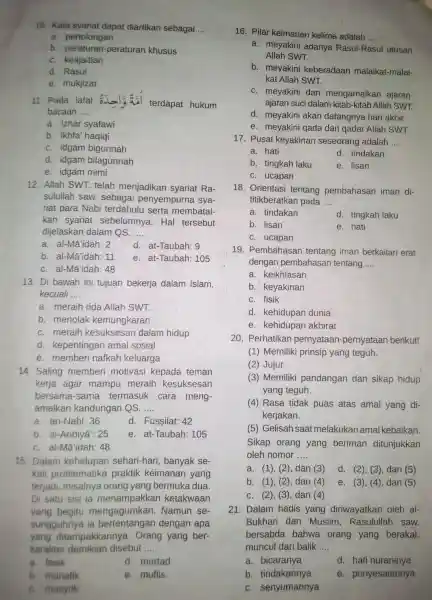 10. Kata syariat dapat diartikan sebagai __ a. pertolongan b. peraturan peraturan khusus c. keajaiban d. Rasul e. mukjizat 11. Pada lafal terdapat hukum