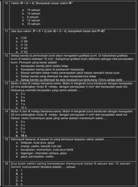 10 11 Jika dua vektor P=5i+2j dan Q=3i-4j berapakah besar dari P-Q a V29 b. V58 C. V74 d. V40 e. . V52 12