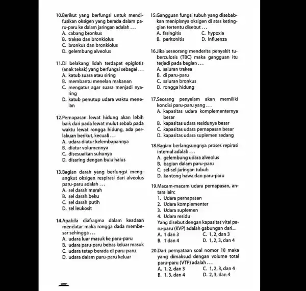 10.Berikut yang berfungsi untuk mendi- fusikan oksigen yang berada dalam pa- ru-paru ke dalam jaringan adalah __ A. cabang bronkus B. trakea dan bronkiolus