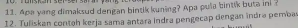 11. Apa yang dimaksud dengan bintik kuning? Apa pula bintik buta ini? 12. Tuliskan contoh kerja sama antara indra pengecap dengan indra pemba