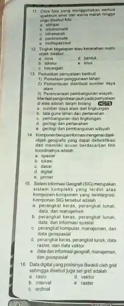 11. Citra foto yang menggunakan semua spektrum sinar dari hingga ungu disebut foto __ a oblique b ortokromatik c inframerah d pankromatik e. multispektreal