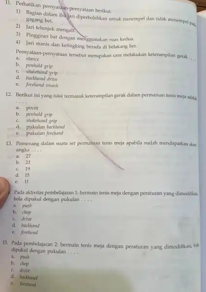 11. Perhatikan pernyataan pernyataan berikut. 1) Bagian dalam ibujari diperbolehkan untuk menempel dan tidak menempel pada died gagang bet. 2) Jari telunjuk mengait. 3)