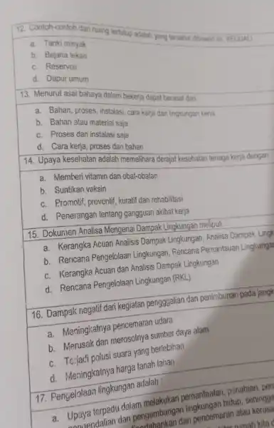 12. Contoh-contoh dari ruang tertutup adalah yang tersebut dibawah ni, KECUALI a. Tanki minyak b. Bejana tekan c. Reservoir d. Dapur umum 13. Menurut