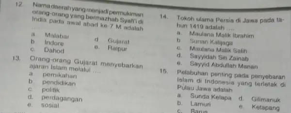 12. Namadaerahyang menjadi permukiman orang-orang yang bermazhab Syafi'i di India pada awal abad ko 7 M adalah __ a.Malabar d.Gujarat b. Indore Raipur c.