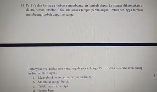 13. Pa Fi'i dan keluarga terbiasa membuang air limbah dapur ke sungai dikerenakan di dalam rumah tersebut tidak ada sarana tempat pembuangan limbah sehingga