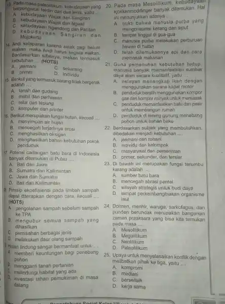 13. Pada masa paleolitikum , kebudayaar r yang berpengarur I terdiri dari dua jenis, yaitu __ A kebudayaan Wajak dan Sangiran B Wajak dan