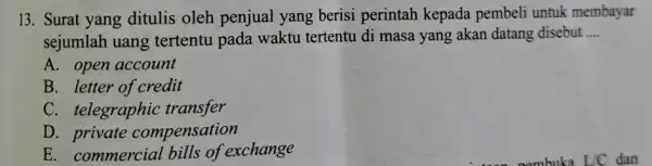 13. Surat yang ditulis oleh penjual yang berisi perintah kepada pembeli untuk membayar sejumlah uang tertentu pada waktu tertentu di masa yang akan datang