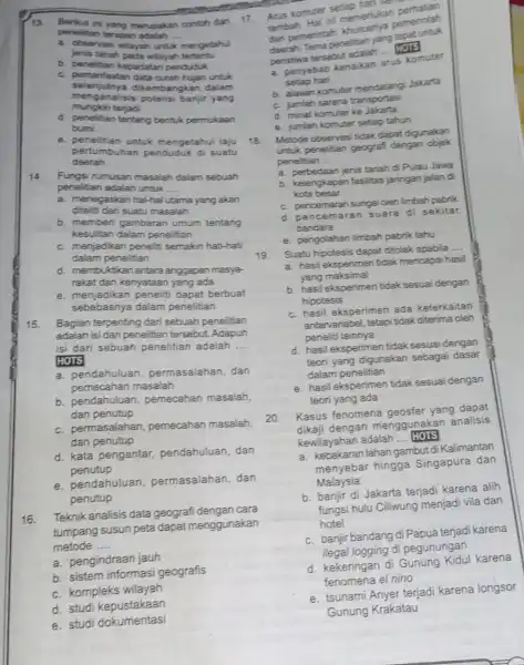 13 in yang merupakan contoh dari 17. perelitian ternpan adalah __ a. coservasi wilayah untuk mengetahul jenis tarah pada wilayah tertentu b. peneltian kepadatar