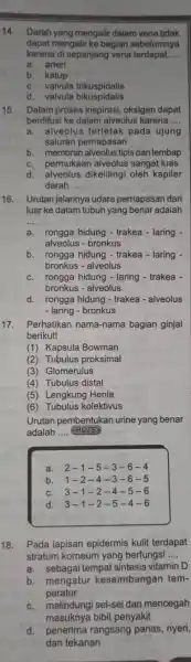 14. Darah yang mengalir dalam vena tidak dapat mengalir ke bagian sebelumnya karena di sepanjang vena terdapat __ a. arteri b. katup c. valvula