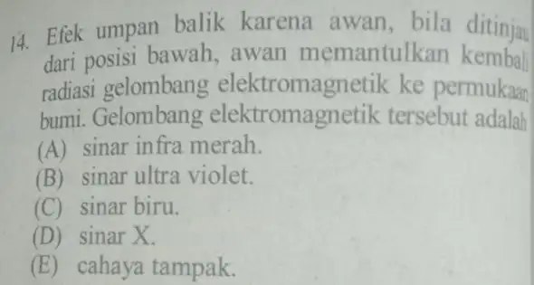 14 Efek umpan balik karena awan , bila ditinjau dari posisi bawah awan memantull can kembali radiasi gelombang g elektromagnetik ke permukaan bumi. Gelombang