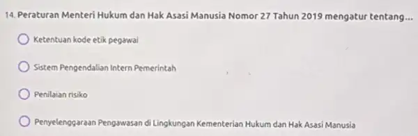 14. Peraturan Menteri Hukum dan Hak Asasi Manusia Nomor 27 Tahun 2015 mengatur tentang Ketentuan kode etik pegawai Sistem Pengendalian Intern Pemerintah Penilaian risiko