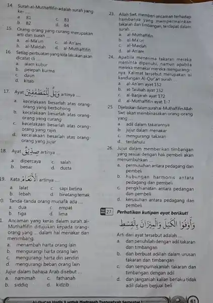 14. Surah al-Muthaffifin adalah surah yang ke- __ a. 81 C. 83 b. 82 d. 84 15.Orang-orang yang curang merupakan arti dari surah __