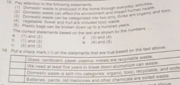 15. Pay attention to the following statements. Domestic waste is produced in the home through everyday activities. (2) Domestic waste can affect the environment