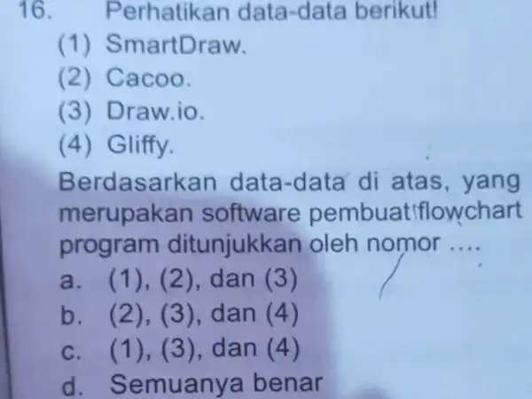 16. Perhatikan d ata-data berikut! (1) Sma rtDra w. (2)Caco 0. (3)Draw io. (4) Gliffy. Berd asark an data -data di atas , yang