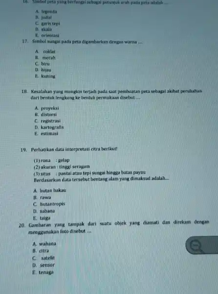 16. Simbol peta yang berfungsi sebagai petunjuk arah pada peta adalah __ A. legenda B. judul C. garis tepi D. skala E. orientasi 17.