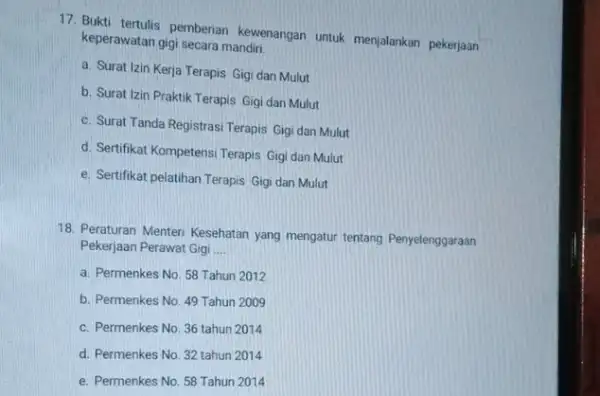 17. Bukti tertulis pemberian kewenangan untuk menjalankan pekerjaan keperawatan gigi secara mandiri a. Surat Izin Kerja Terapis Gigi dan Mulut b. Surat Izin Praktik