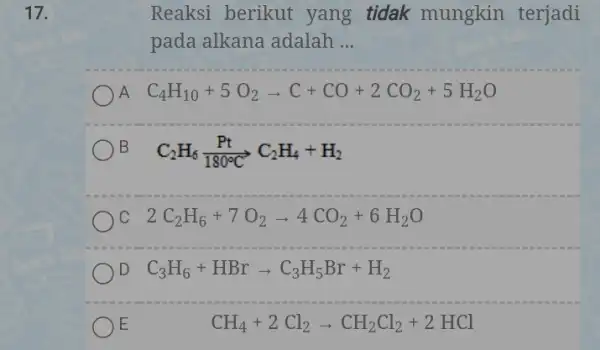 17. Reaksi berikut yang tidak mungkin terjadi pada alkana adalah __ A C_(4)H_(10)+5O_(2)arrow C+CO+2CO_(2)+5H_(2)O B C_(2)H_(6)(Pt)/(180^circ )CC_(2)H_(4)+H_(2) ) C. . 2C_(2)H_(6)+7O_(2)arrow 4CO_(2)+6H_(2)O D C_(3)H_(6)+HBrarrow