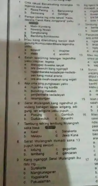 1. Crita rakyat Baruklinthing minangka legenda asal-usule __ a. Rawa Pening C. Banyuwangi b. Semarang d Salatiga 2.Paraga utama ing crita rakyat "Kada- Candi