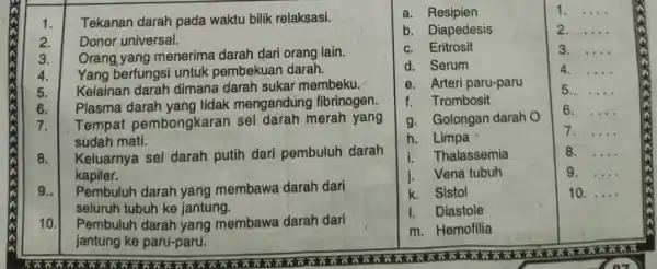 2. __ 3. __ 4. __ 1. Tekanan darah pada waktu bilik relaksasi. 2. Donor universal. 3. Orang,yang menerima darah dari orang lain. 4.