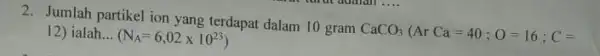 2. Jumlah partikel ion yang terdapat dalam 10 gram CaCO_(3)(ArCa=40;O=16;C= 12) ialah __ (N_(A)=6,02times 10^23)