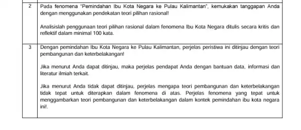 2 Pada fenomena "Pemindahan Ibu Kota Negara ke Pulau Kalimantan", kemukakan tanggapan Anda dengan menggunakan pendekatan teori pilihan rasional! Analisislah penggunaan teori pilihan rasional